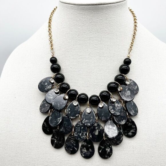 Black Marbled Acrylic Teardrop Rhinestone Bubble Bib Fashion Necklace 18” - Picture 1 of 6